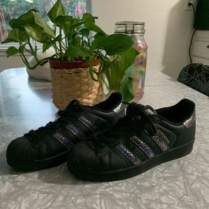 Black Adidas Superstars with Holographic Stripes